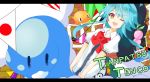  1girl altaria bigright-orz blue_hair blurry crossover depth_of_field food fruit hat highres hinanawi_tenshi letterboxed peach pennant pokemon pokemon_(creature) red_eyes short_hair smile solo touhou wink 