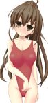  breasts brown_eyes brown_hair highleg highleg_swimsuit large_breasts long_hair looking_at_viewer one-piece_swimsuit ponytail shin_ichirou smile solo swimsuit taneshima_popura working!! 