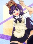  animal_on_head black_legwear breasts daisy_(working!!) long_hair mairu_dou open_mouth purple_eyes purple_hair skirt smile solo stuffed_animal stuffed_toy teddy_bear thigh-highs thighhighs very_long_hair violet_eyes waitress working!! yamada_aoi zettai_ryouiki 