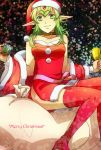  adult bare_shoulders bell boots box chiki choker christmas coat dress elf fire_emblem fire_emblem:_kakusei garter_straps gift green_eyes green_hair hair_ornament hat long_hair looking_at_viewer merry_christmas off_shoulder pointy_ears red_dress red_legwear sack santa_costume santa_hat satozaki_mutou short_dress side_slit sleeveless sleeveless_dress smile solo star strapless_dress thigh-highs thigh_boots thighhighs 