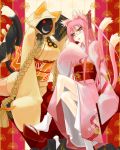  2girls animal_ears bell blazblue blonde_hair blush braid breasts cat_ears cat_tail crossed_legs flat_chest glasses hair_ornament hair_ribbon hair_stick hood japanese_clothes kimono kokonoe large_breasts long_hair low-tied_long_hair mask multiple_girls multiple_tails noco obi pince-nez pink_hair ponytail red_eyes ribbon sakazuki sandals semi-rimless_glasses sitting slit_pupils tabi tail taokaka twin_braids under-rim_glasses very_long_hair yellow_eyes 