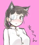  1girl animal_ears black_eyes black_hair blush eyepatch heart heart-shaped_pupils long_hair long_sleeves military military_uniform mozu_(peth) sakamoto_mio solo strike_witches symbol-shaped_pupils translated translation_request uniform 