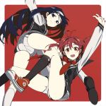  2girls :d ass blue_eyes blue_hair brown_eyes brown_hair futaba_aoi_(vividred_operation) hairband isshiki_akane long_hair looking_back multiple_girls ningen_(ningen96) open_mouth outstretched_arms short_hair short_shorts shorts smile spread_arms twintails vividred_operation 