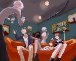  2boys 3girls ayanami_rei blue_hair brown_hair casual couch drink eva_01 glasses hat hoodie ikari_shinji long_hair lying makinami_mari_illustrious multiple_boys multiple_girls nagisa_kaworu neon_genesis_evangelion pants pantyhose rebuild_of_evangelion red_eyes shikinami_asuka_langley short_hair smile soryu_asuka_langley souryuu_asuka_langley 