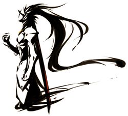  1boy armor blazblue hakumen huge_weapon inkblot noco solo sword weapon 