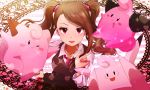  1girl brown_hair clefable clefairy cleffa crossover highres idolmaster long_hair minase_iori pokemon red_eyes scrunchie shirt sweater_vest twintails yuyu805p 