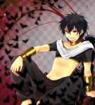  1boy black_hair bracelet braid checkered checkered_background jewelry judal kanade_(reveryearth) long_hair magi_the_labyrinth_of_magic midriff neck_ring red_eyes single_braid solo 