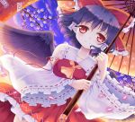  ascot black_hair black_wings bow cherry_blossoms cosplay detached_sleeves dress hair_bow hair_tubes hakurei_reimu hakurei_reimu_(cosplay) hazakura_satsuki long_sleeves looking_at_viewer oriental_umbrella petals pointy_ears red_dress shameimaru_aya short_hair smile solo touhou umbrella wide_sleeves wings 