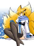  1girl animal_ears azuki_osamitsu black_legwear blonde_hair blush breasts crossed_ankles dress fox_ears fox_tail large_breasts mittens multiple_tails no_shoes scarf short_hair sitting snow solo tail thigh-highs thighhighs touhou winter_clothes yakumo_ran yellow_eyes 