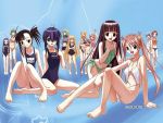  6+girls ahoge akamatsu_ken ayase_yue barefoot bikini black_hair blue_eyes blue_hair blush breasts brown_eyes brown_hair evangeline_a_k_mcdowell feet flat_chest green_eyes green_hair hair_over_one_eye heterochromia highres hime_cut izumi_ako jewelry kagurazaka_asuna karakuri_chachamaru konoe_konoka long_hair mahou_sensei_negima! miyazaki_nodoka multiple_girls murakami_natsumi nagase_kaede navel necklace negi_springfield official_art one-piece_swimsuit orange_hair purple_hair sakurazaki_setsuna sasaki_makie school_swimsuit side-tie_bikini side_ponytail smile swimsuit tankini twintails wallpaper yukihiro_ayaka 