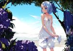  bare_shoulders bloomers blue_eyes blue_hair blue_sky blush bow camisole cirno clothes_removed cloud collarbone dress dress_removed flat_chest flower hair_bow highres hydrangea ice ice_wings ke-ta rain see-through short_hair sky solo strap_slip touhou tree water wet wet_clothes wings wringing wringing_clothes 