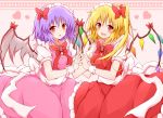  2girls adapted_costume bat bat_wings bow dress fang flandre_scarlet hair_bow hand_holding hat heart highres holding_hands karamoneeze looking_at_viewer maid_headdress multiple_girls open_mouth pink_dress polka_dot polka_dot_background purple_hair red_dress red_eyes remilia_scarlet sash siblings side_ponytail sisters sitting smile thigh-highs thighhighs touhou wing_ribbon wings wrist_cuffs 