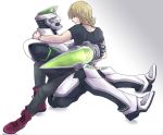  2boys barnaby_brooks_jr blonde_hair boots kaburagi_t_kotetsu ko-ma-me multiple_boys power_armor power_suit superhero t-shirt tiger_&amp;_bunny wild_tiger 