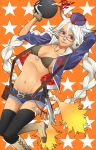  +_+ 1girl belt bikini_top bomb boots braid cl0che fire glasses gloves hat horns jacket key knife lips long_hair looking_over_glasses navel original red_eyes short_shorts shorts smile solo star thigh-highs twin_braids very_long_hair white_hair 