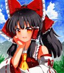  1girl bangs bare_shoulders black_hair blue_sky bow clouds collar dress eyebrows_visible_through_hair grass hair_tubes hakurei_reimu hand_on_own_face long_sleeves looking_at_viewer mountain multicolored multicolored_eyes open_mouth orange_eyes ponytail qqqrinkappp red_bow red_dress red_eyes shikishi short_hair sky sly smile solo touhou traditional_media white_collar white_sleeves yellow_eyes yellow_neckwear 