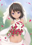  1girl bare_shoulders black_hair bouquet bridal_veil dark_skin dress earrings elbow_gloves flower gloves highres idolmaster idolmaster_cinderella_girls jewelry midriff natalia_(idolmaster) navel petals purple_eyes short_hair smile snowflyer solo veil violet_eyes wedding_dress 