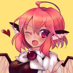  :d ahoge animal_ears blush breasts brooch earrings fang gantai_usagi heart jewelry mystia_lorelei open_mouth pink_eyes pink_hair raised_finger short_hair smile solo touhou wings wink yellow_background 