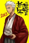  1boy 2013 archer dark_skin fate/stay_night fate_(series) grey_eyes japanese_clothes kimono new_year solo white_hair yellow_background 