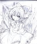  ? blush bow cirno hair_bow looking_at_viewer monochrome nora_wanko short_hair smile solo touhou wink ⑨ 