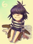  :3 a-ka black_hair boots from_above gorillaz hair_over_eyes looking_up noodle_(gorillaz) shirt short_hair shorts sitting smile solo striped striped_shirt wariza 