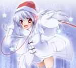 blush cable coat hat headphones long_hair midoriiro_no_shinzou mittens open_mouth original outstretched_hand red_eyes santa_hat scarf silver_hair sweater_dress thigh-highs thighhighs white_legwear winter_clothes zettai_ryouiki 
