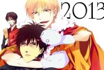  3boys blonde_hair blue_eyes brown_eyes brown_hair brush command_spell expressionless facepaint fate/zero fate_(series) gilgamesh hand_puppet highres japanese_clothes kimono kotomine_kirei macaronico multiple_boys new_year paddle puppet red_eyes snake tohsaka_tokiomi toosaka_tokiomi 