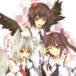  3girls animal_ears braid checkered checkered_background detached_sleeves hat himekaidou_hatate inubashiri_momiji multiple_girls shameimaru_aya teru_(kazanawa) tokin_hat touhou wings wink 