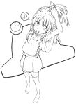  1girl adjusting_hair armpits arms_up highres lineart looking_at_viewer monochrome moriya_suwako mouth_hold musical_note nora_wanko solo spoken_musical_note touhou 