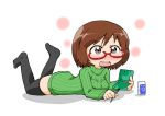  1girl artist_request brown_eyes brown_hair glasses hajimu_orbital lying nikki_(swapnote) nintendo_3ds on_stomach open_mouth red-framed_glasses ribbed_sweater short_hair smile solo stylus swapnote sweater thigh-highs thighhighs turtleneck zettai_ryouiki 