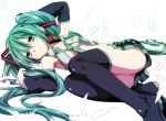  detached_sleeves etou_(cherry7) feathers green_eyes green_hair hatsune_miku headphones headphones_around headphones_around_neck headset highres long_hair looking_at_viewer lying neck necktie open_clothes open_shirt skirt solo thigh-highs thighhighs twintails very_long_hair vocaloid 