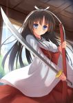  blue_eyes brown_hair dreamlight2000 hakama hidan_no_aria hotogi_shirayuki japanese_clothes katana miko sheath solo sword weapon 