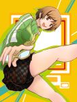  ass bare_legs bike_shorts brown_eyes brown_hair checkered checkered_skirt glasses highres holding holding_glasses looking_at_viewer mairu_dou persona persona_4 pointing pointing_at_viewer satonaka_chie short_hair shorts_under_skirt skirt solo track_jacket unmoving_pattern zipper 