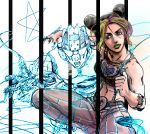  2girls bare_shoulders black_hair blonde_hair blue_eyes braid butterfly cs4able double_bun green_hair jojo_no_kimyou_na_bouken kuujou_jolyne lipstick makeup midriff multicolored_hair multiple_girls prison stand_(jojo) stone_free string sunglasses tattoo two-tone_hair 