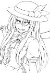  1girl grin hat highres hinanawi_tenshi lineart looking_at_viewer monochrome nora_wanko smile solo touhou 