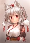  ahoge animal_ears bust detached_sleeves grey_hair hat inubashiri_momiji kourindou_tengu_costume looking_at_viewer matsuda_(matsukichi) red_eyes short_hair sketch smile solo tokin_hat touhou wolf_ears 