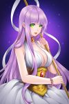  1girl athena_(saint_seiya) bare_shoulders bracelet breasts choker cleavage collarbone flower_bracelet green_eyes jewelry kido_saori large_breasts long_hair parted_lips purple_hair saint_seiya shainea solo staff star_(sky) very_long_hair 