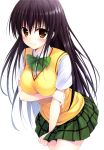  artist_request black_hair blush breast_hold breasts brown_eyes highres kotegawa_yui large_breasts long_hair plaid plaid_skirt pleated_skirt school_uniform simple_background skirt skirt_tug solo sweater_vest to_love-ru to_love-ru_darkness vest white_background 