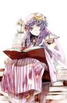  book crescent dress fire hakoremi hat jewelry lantern open_book outstretched_arm outstretched_hand patchouli_knowledge purple_eyes purple_hair ring sitting solo touhou violet_eyes 