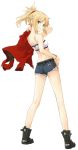  blonde_hair boots cutoffs denim denim_shorts fate/apocrypha fate_(series) green_eyes grin jacket konoe_ototsugu looking_back mordred official_art open_mouth ponytail red_jacket saber_of_red short_hair short_shorts shorts simple_background smile solo transparent_background 