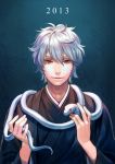  1boy 2013 esukee highres japanese_clothes looking_at_viewer original red_eyes short_hair silver_hair smile snake solo 