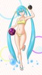  absurdly_long_hair absurdres aqua_eyes aqua_hair ball barefoot_sandals bikini coconut flat_chest hatsune_miku highres jymjymjym long_hair navel sandals solo swimsuit twintails vocaloid 