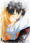  1girl asuna_(sao) black_hair brown_hair closed_eyes couple hug kirito kiss long_hair short_hair sword_art_online tears umi111 yuuki_asuna 