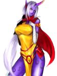  aleron bandage bandages belt breasts dress highres horn kumiko_(aleron) large_breasts league_of_legends lips long_hair pointy_ears ponytail pouch purple_skin scarf side_slit solo soraka very_long_hair white_hair yellow_dress yellow_eyes yellow_sclera 