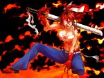  breasts cleavage cleavage_cutout copyright_request eyepatch fire jeans karukaru ponytail red_eyes red_hair redhead solo sword weapon 