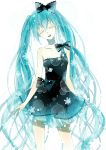  1girl aqua_hair closed_eyes dress eyes_closed hatsune_miku highres long_hair momiji_(3500355) simple_background solo strapless_dress twintails very_long_hair vocaloid white_background 