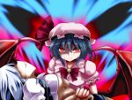  2girls aura bat_wings blood blood_from_mouth blouse blue_hair bow breasts brooch crying hat hat_ribbon holding_hand izayoi_sakuya jewelry lilish looking_at_viewer multicolored_background multiple_girls puffy_sleeves red_eyes remilia_scarlet ribbon short_sleeves silver_hair slit_pupils streaming_tears tears touhou vest wings 