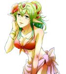  adult bikini bracelet breasts chiki cleavage fire_emblem fire_emblem:_kakusei flower front-tie_top green_eyes green_hair hair_flower hair_ornament hair_ribbon jewelry long_hair midriff pointy_ears ponytail ribbon sarong satozaki_mutou sketch solo swimsuit 