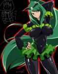  1girl arm_up bad_end_march bad_end_precure black_background bodysuit breasts clothed_navel cure_march dark_persona fingerless_gloves gloves green_eyes green_hair hand_on_hip highres large_breasts long_hair midorikawa_nao precure signature skirt smile smile_precure! tiara zasshu_nigou 