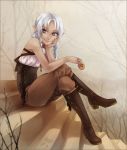  boots braid chin_rest cookie copyright_request crossed_legs dark_skin food looking_at_viewer meago pants pointy_ears purple_eyes sitting smile twintails violet_eyes 