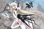  boots breasts elsword eve_(elsword) gloves grey_background highres leotard long_hair mecha_musume original pointing robot sideboob solo thigh_boots thighhighs uiu white_hair white_legwear yellow_eyes 